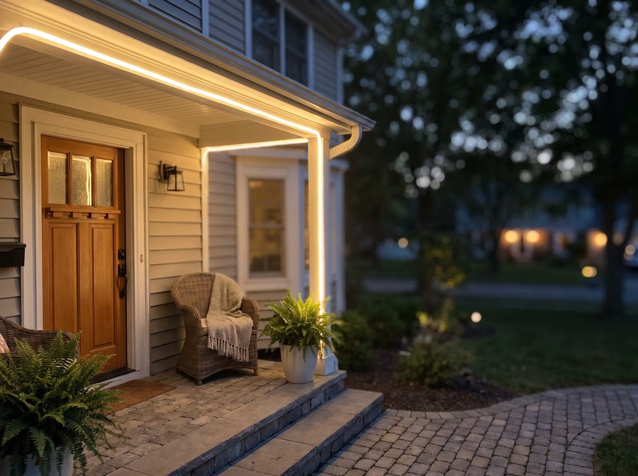 Porch roofline lit in soft warm white for everyday curb appeal