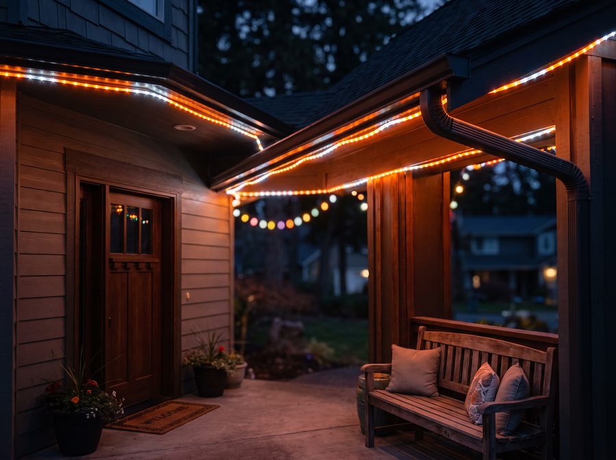 Porch roofline lit in orange and white team colors for game day