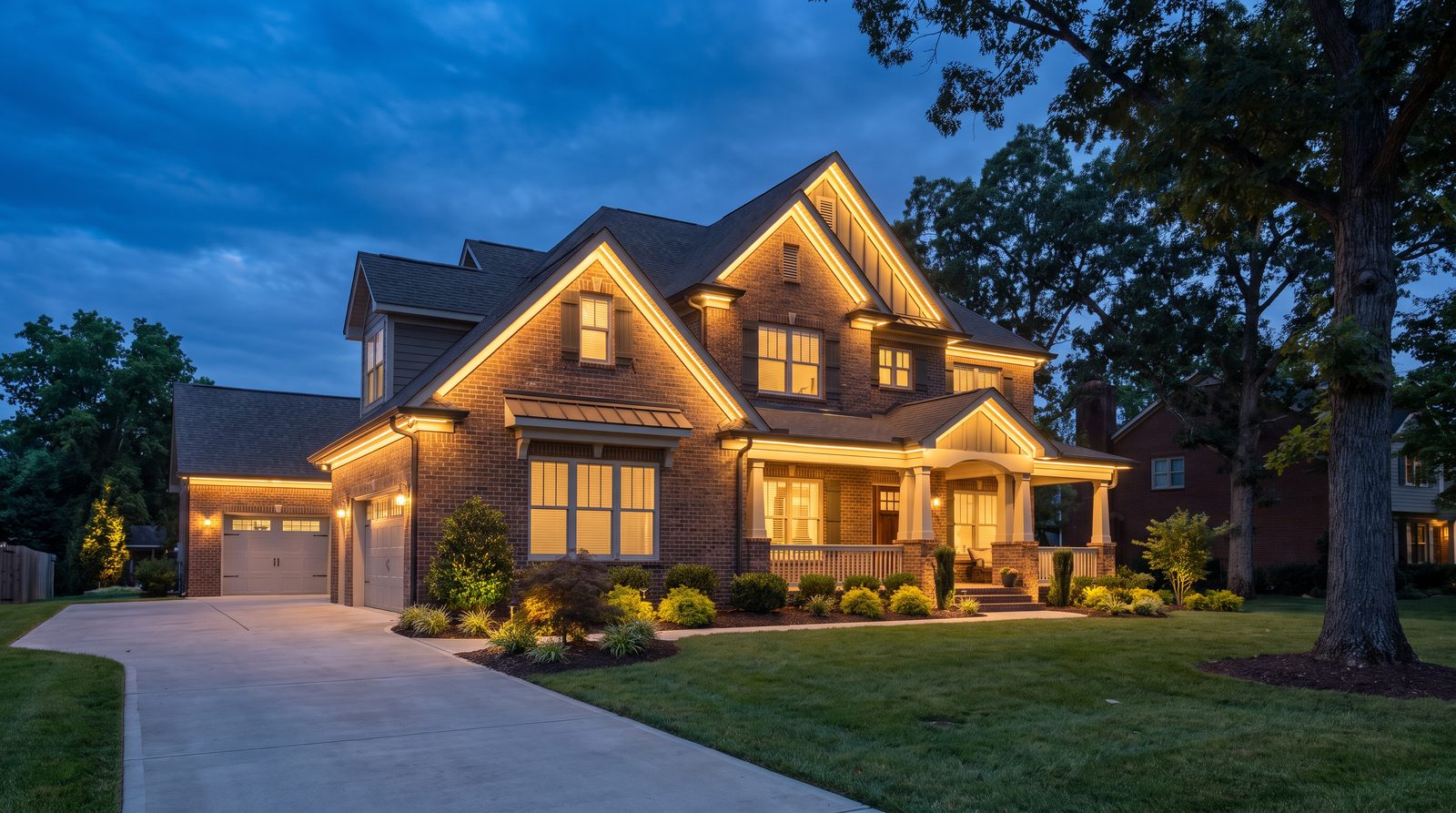 Home with warm permanent LED lighting glowing along the roofline and porch at dusk